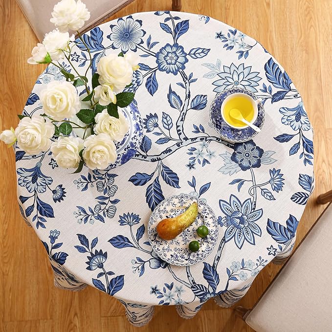 Vintage French Linen Small Round Tablecloth,Blue and White Floral Soft Tablecloths,Decorative Table Cover for Kitchen,Dining,Tea Party,Thanksgiving,Christmas,Diameter 55"-Suqing