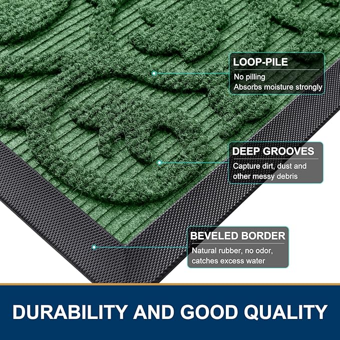 Smiry Welcome Door Mat Outside Entrance, Heavy Duty Trap Dirt and Moisture Easy Clean Low Profile Patio Porch Indoor Outdoor Front Doormat for Entry, 36x24 Inch, Green