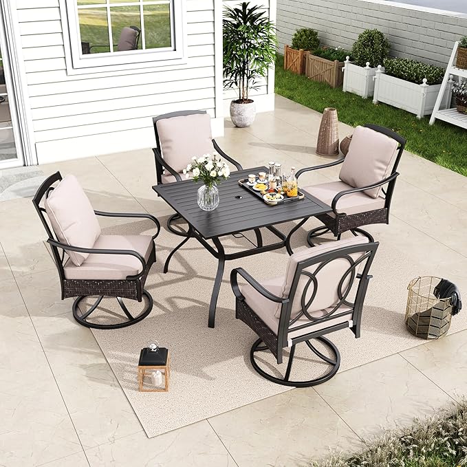 MFSTUDIO Outdoor Dining Set for 4, Patio Dining Sets with Swivel Chairs, 37’’ Square Metal Patio Table and Chairs, All Weather Outdoor Dining Furniture for 4, Porch, Backyard