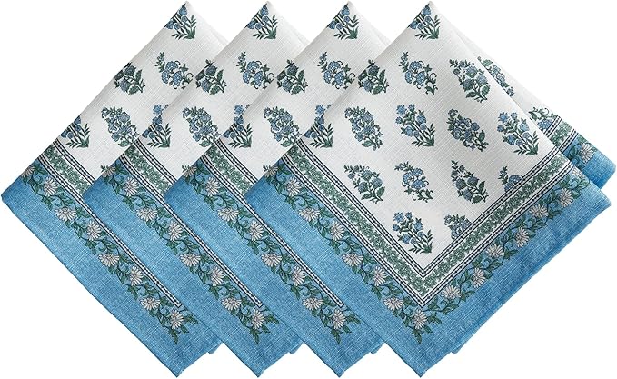 Elrene Home Fashions Tropez Paisley Block Print Coastal Stain & Water Resistant Indoor/Outdoor Cloth Dinner Napkins, Set of 4, 17"x17"