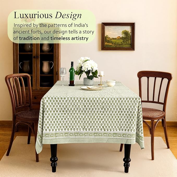 CPC Tablecloth 100% Cotton 70x108 Inch Indian Block Print Rectangle Table Cover, Green Table Cloth for Weddings, Spring/Summer, Barbeque - Emerald Green