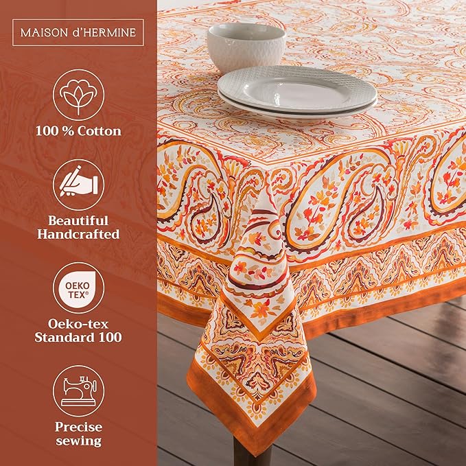Maison d' Hermine Table Cloth Rectangle Table 100% Cotton 70 x 90 Inches Fall Tablecloth Reusable Everyday Use for Thanksgiving Christmas Decorations Dining Farmhouse Party (Palatial Paisley)