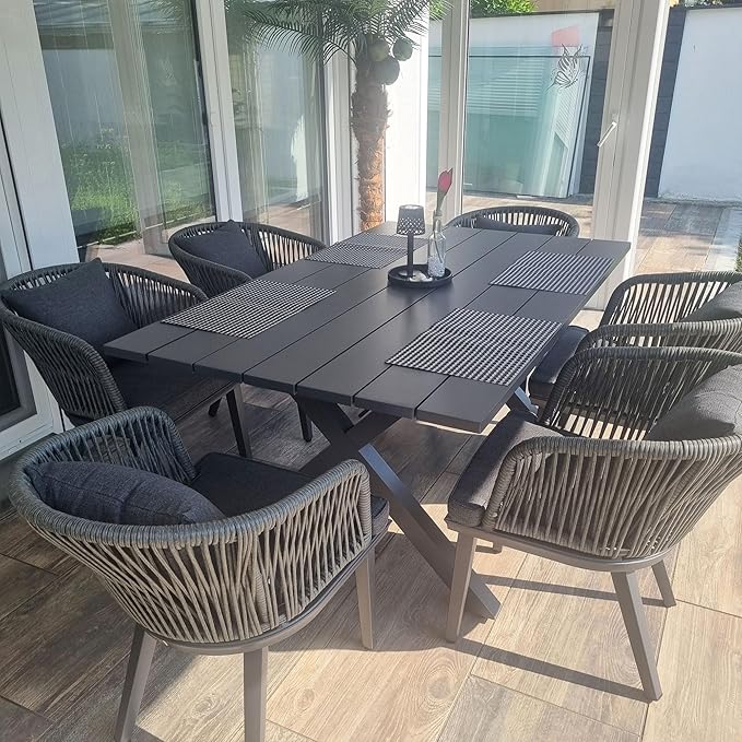 PURPLE LEAF 7 Pieces Patio Dining Set Wicker Outdoor Furniture Rectangular Table and Chairs Set for Garden Deck Aluminum Frame Backyard Kitchen Set, Cushions and Pillows Included Grey