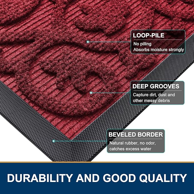 Smiry Welcome Door Mat Outside Entrance, Heavy Duty Trap Dirt and Moisture Easy Clean Low Profile Patio Porch Indoor Outdoor Front Doormat for Entry, 36x24 Inch, Burgundy