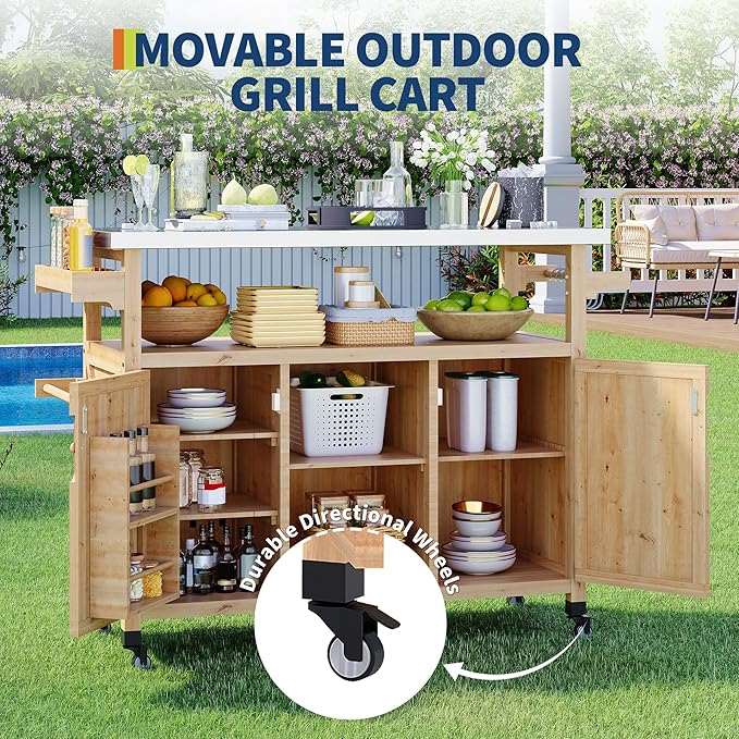 Garvee Outdoor Grill Cart with Storage, Outdoor Bar Cart Rolling BBQ Movable Pizza Oven Table Stand, Kitchen Island Carts with Stainless Steel Top, Spice Rack, Towel Rack & Storage Cabinet, Natural