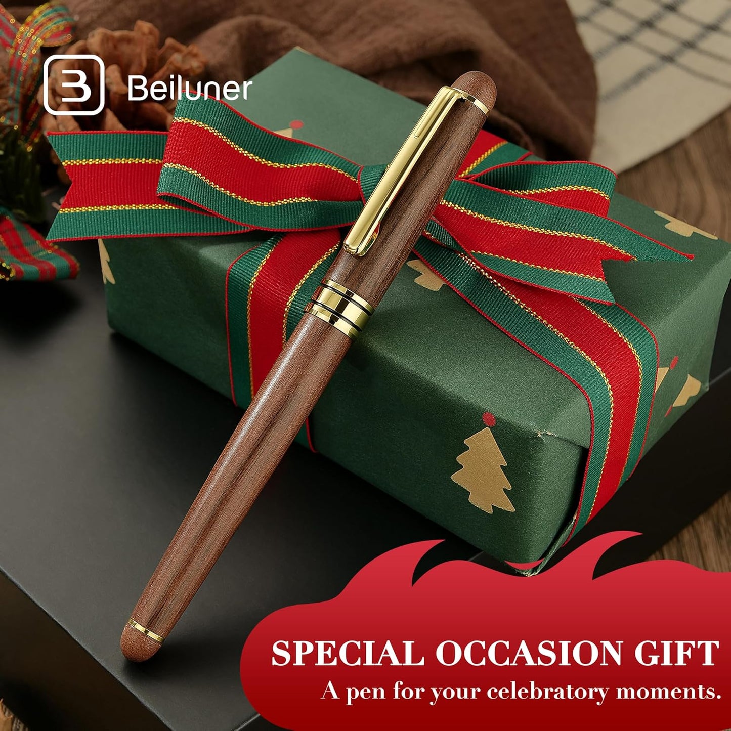 BEILUNER Luxury Wood Ballpoint Pen Writing Set,Walnut-Elegant Fancy Nice Gift Pen Set for Signature Executive Premium Office Fancy Nice Supplies - Christmas Gift Boxed with Extra Refills (Black)