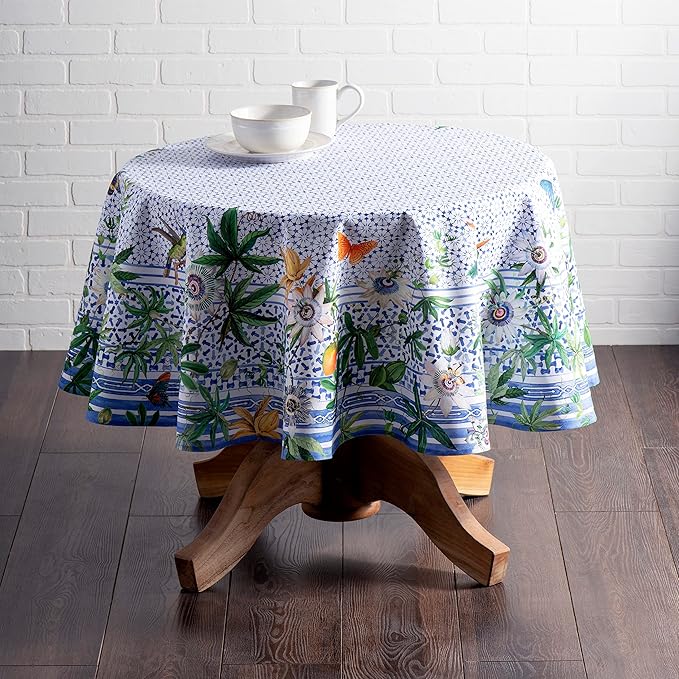 Maison d' Hermine Table Cloth Round Table 100% Cotton 69 Inches Tablecloth Reusable Decorative Everyday Use for Dining Room, Farmhouse, Home, Party, Festive & Wedding Spring Summer - Passiflora