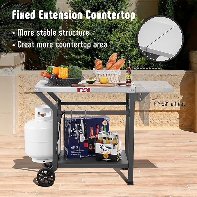 Movable Grill Table with Folding Side Table, Pizza Oven Table as BBQ Food Prep Cart with Undershelf for Outdoor & Indoor Use, 43" L x 20" W Stainless Steel Tabletop, Gray