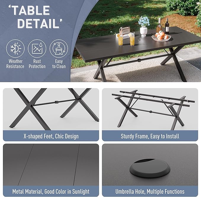 Kurapika 7-Piece Patio Dining Set, Patio Furniture Set for 6, Outdoor Large Metal Table with Umbrella Hole and Textilene Chairs, for Garden, Deck, Porch, Pool All Weather, Brown