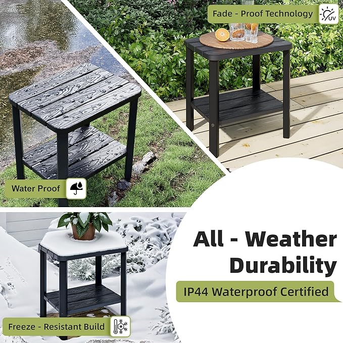 Adirondack Square Outdoor Side Table, 2-Tier Small Outdoor Table for Patio, HDPE End Table for Backyard, Pool, Lawn, Indoor Companion, Easy Maintenance & Weather Resistant(Black)