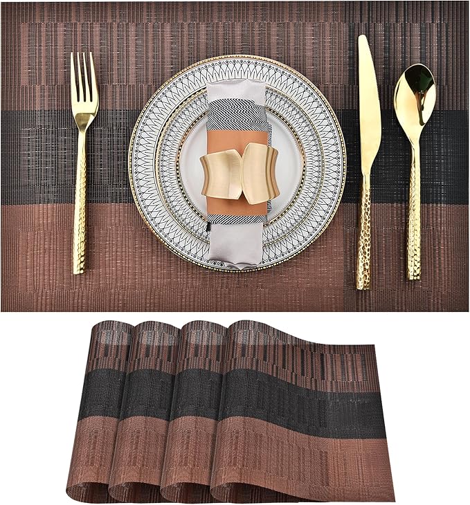 SLKQG Brown Placemats Set of 4 - Easy Clean Modern Durable Washable Vinyl Place Mats - Heat Resistant Placemats for Kitchen Table - PVC Table Mats for Dining Table (Brown Black, 4)