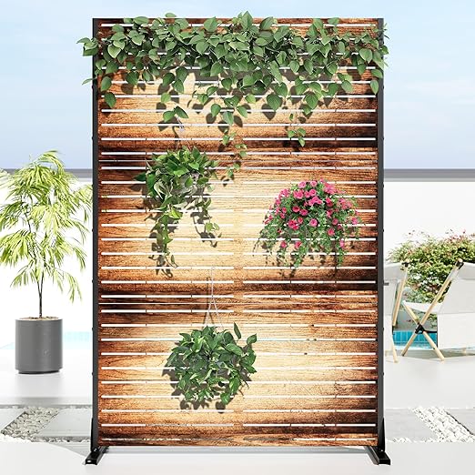 Casaphoria 72" H x 47" W Metal Outdoor Privacy Screen, Freestanding Decorative Divider for Patio, Deck, Balcony, and Garden with Stable Base, Wood Color