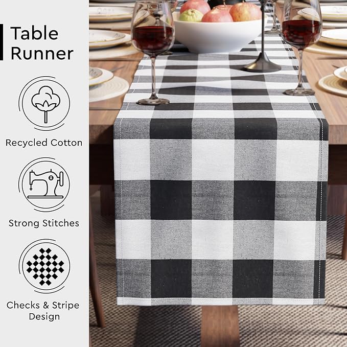Encasa XO Cotton Dining Table Runner | Buffalo Black Checks | Size 13x120 in - Machine Washable & Durable