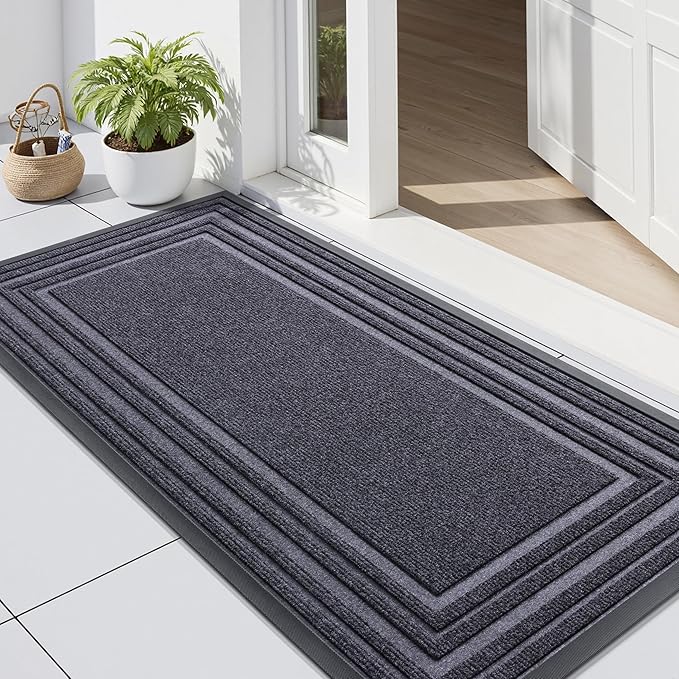 Buganda Front Door Mat Indoor Outdoor Entrance, Non-Slip Natural Rubber Doormats, Easy Clean, Low Profile, Dirt Trapper Entryway Floor Mats for Outside, Garages and Patios, 47x24, Grey
