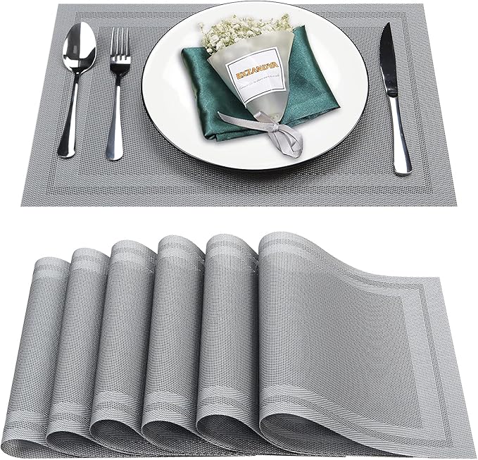Placemats Set of 6,Washable,Heat and Stain Resistant Indoor/Outdoor Place mats,Vinyl Woven Non Slip Table Mats for Restaurant Table Protection,PVC Placemats(Gray,6PCS)