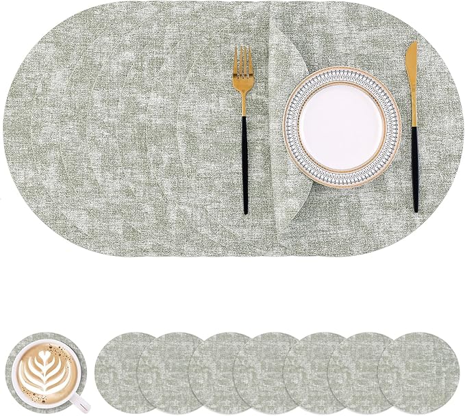 Homaxy Round Faux Leather Placemats and Coasters, Washable Dual-Side Table Mats, Wipeable Heat-Resistant Dining Place Mats for Outdoor and Indoor, Set of 8, Diameter 13 and 3.93 inch, Grass Green