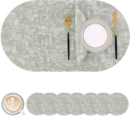 Homaxy Round Faux Leather Placemats and Coasters, Washable Dual-Side Table Mats, Wipeable Heat-Resistant Dining Place Mats for Outdoor and Indoor, Set of 8, Diameter 13 and 3.93 inch, Grass Green