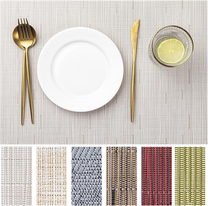 LEXMORE Placemats Set of 12 Vinyl/Plastic Woven Place Mats for Kitchen Table Indoor/Outdoor Washable Placemat Wipeable Dining Table Mats(Pale Beige)