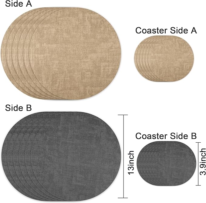 13-Inch Faux Leather Round Placemats Set of 6, Waterproof Anti-Slip Dual Sided Place mats, Heat Resistant Washable Table Mats with Coaster, Suitable for Indoor & Outdoor (6, Black Light Coffee)