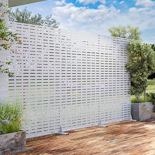 Casaphoria Metal Privacy Screen Outdoor, 72" H x 47" W Freestanding Decorative Privacy Screen for Patio Deck Balcony Garden with Stable Base, White-Abraham