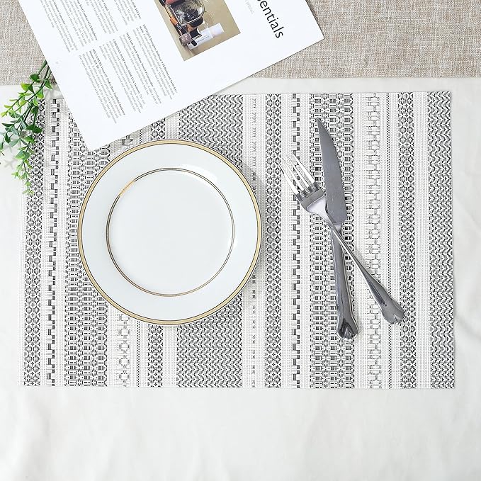 fanquare Sliver Striped Placemats 6 Pack Nordic Style Washable Place Mats Vinyl Woven Heat-Resistant Kitchen Table Mats Indoor & Outdoor Use Table Mat