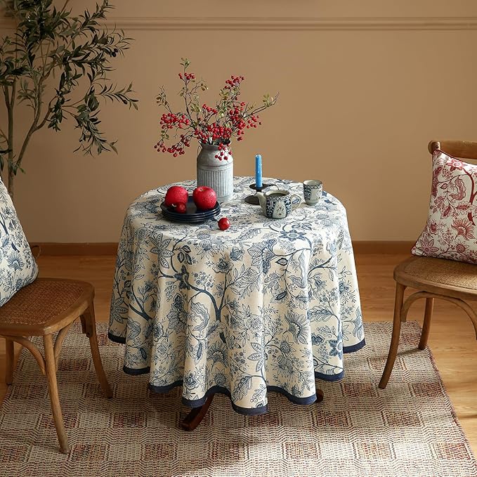 ISAENNE Designer French Linen Small Round Tablecloth,Blue Floral Washable Indoor Table Cloth,Durable Home Decor Tablecloths for Dining Thanksgiving Kitchen Party Christmas,Diameter 55"-Ruyi B