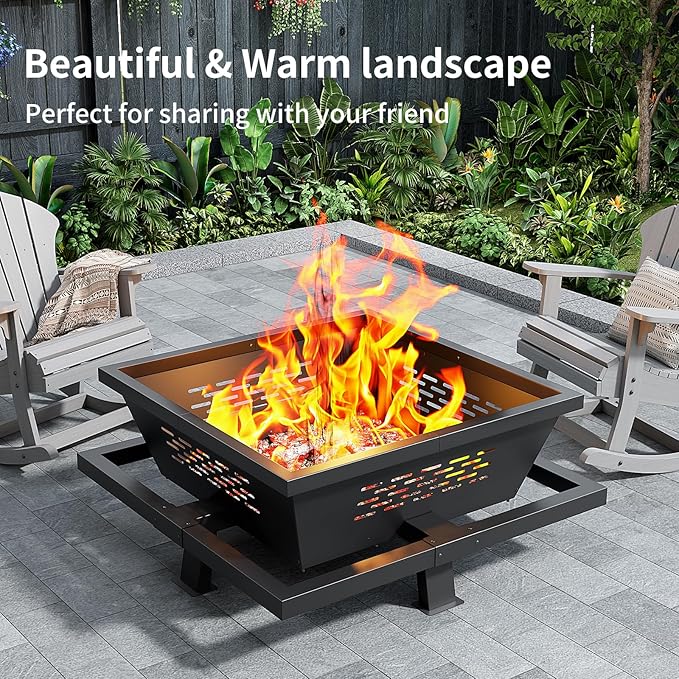 42" Large Fire Pit, Square Outdoor Fire Pit with Poker, Wood Burning FirePit for Camping, Backyard, Patio