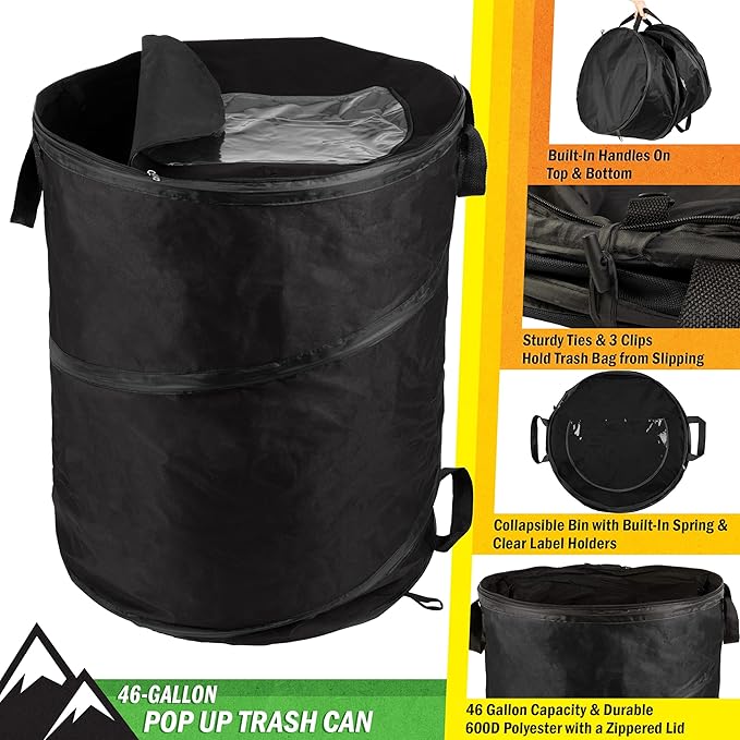 Collapsible Trash Can - 46-Gallon Garbage Can Outdoor Bin with 3 Stakes for RV, Camping, Storage, Recycling, or Yard Waste by Wakeman Outdoors (Black)