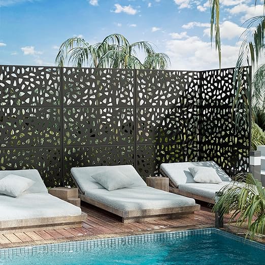 Casaphoria 72" H x 47" W Metal Outdoor Privacy Screen, Freestanding Decorative Divider for Patio, Deck, Balcony, and Garden with Stable Base, Black-Dean