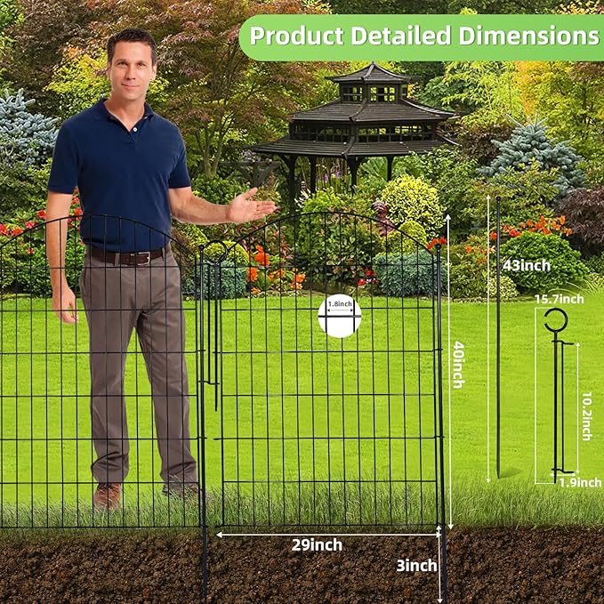 Decorative Garden Fence 40in (H) x12ft (L), 5 Pack No Dig Fence Animal Barrier for Dog with Lock, Arched Flower Bed Edging, Wire Border Panel Fencing for Yard Patio Outdoor Decor