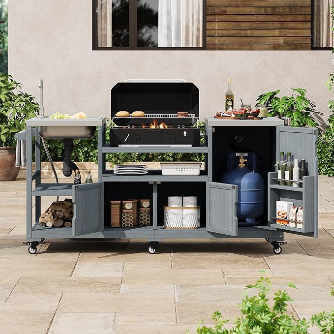 75.4" Outdoor Kitchen Grill Cart with Sink, Solid Fir Wood Island for XL Egg Grills, Rolling BBQ Bar Cart with Stainless Steel Top & Storage, Brown