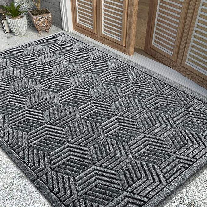 Yimobra Large Door Mat 47x32, All-Season Waterproof Outdoor Mats for Front Door Entrance with Drainage Holes, Heavy Duty Non-Slip Doormat for Garage Patio Entryway Indoor, Black Gray
