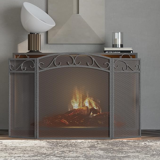 Fire Beauty Fireplace Screen 3 Panel with Handles Wrought Iron 51"(L) x31(H) Spark Guard Cover(Pewter)