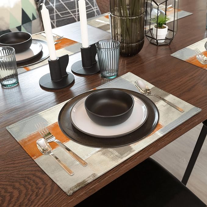Modern Art Placemats for Dining Table Set of 6 Orange Abstract Painting Place Mats Washable Beige Linen Placemat for Kitchen Home Dinner Party Decor 18x12 Inches