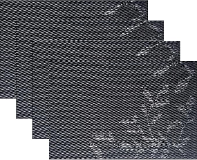 Leaf Placemats Set of 4, Non-Slip Heat-Resistant 18" x 12" Vinyl Washable Placemats for Kitchen Indoor Outdoor Party Birthdays Weddings Decoration (Black)