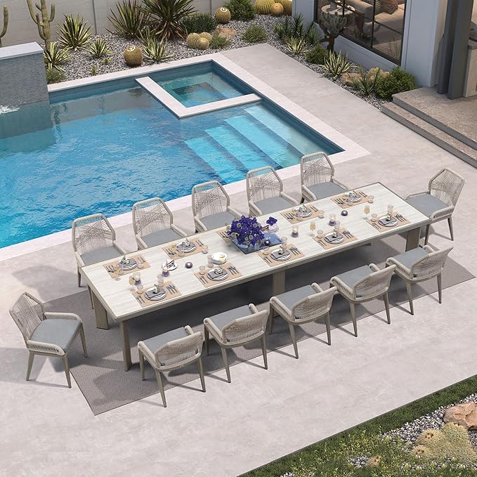 PURPLE LEAF 13 Pieces Patio Dining Set Aluminum Rectangular Table and Wicker Chairs with Cushions for Kitchen Porch Garden Modern Outdoor Furniture Sets, Light Grey