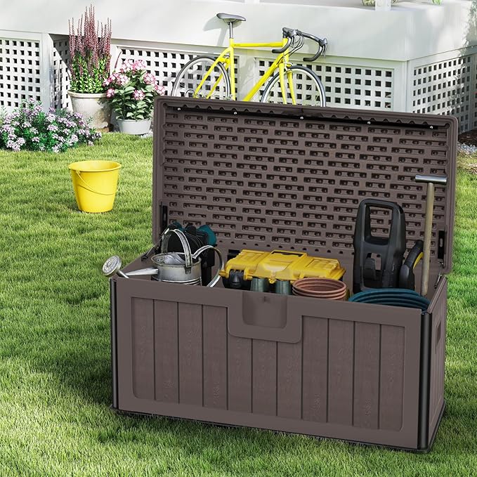 100 Gallon Deck Box, Double-Wall Construction Waterproof Outdoor Patio Storage Box, Lockable Deck Storage Bin Outdoor Storage Bench for Pool Patio Garden