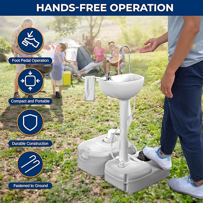 SereneLife Portable Camping Sink – Hand Washing Station with Foot Pump, 17L Fresh Water Tank, 24L Waste Tank, Soap Dispenser, Rolling Wheels & Quick Assembly for RV, Outdoor Events & Job Sites
