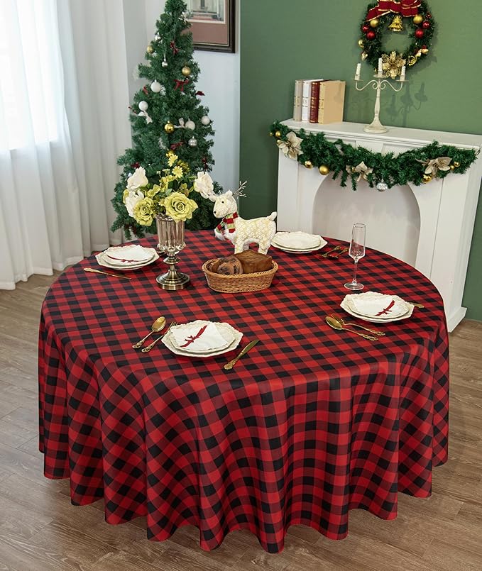 Waterproof Plaid Tablecloth Fabric - Round 120 Inch Classic Gingham Checker Table Cloth for Indoor/Outdoor Use - Buffalo Table Cover for Picnics, BBQs, and Parties