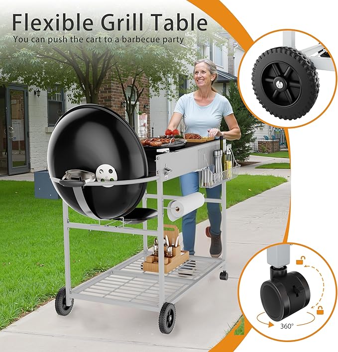 Vongrasig Grill Cart for Weber Kettle 18" & 22", Charcoal Grill Table, Outdoor Kitchen Island with Storage for Jumbo Joe,Master-Touch Charcoal Grill, Silver