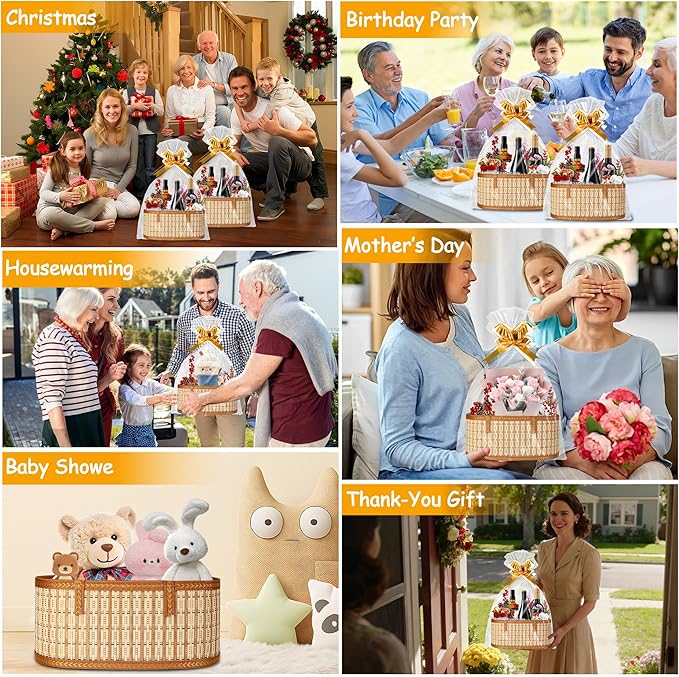 Leevcok 2 Set Baskets for Gifts Empty, Large Bamboo Gift Basket with Handle, Foldable Reusable Decorative Woven Basket for Christmas, Baby Shower, Mother's Day, Housewarming, Wedding
