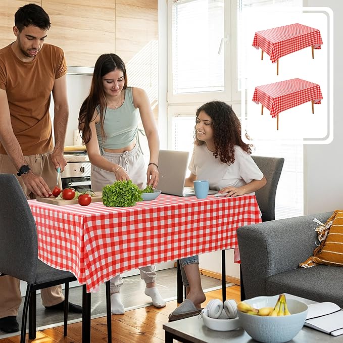 Nasitos 2 Pack Plastic Table Cloth 60x120 Inch-Red and White Rectangle Tablecloth Checkered, Washable Wipeable Plaid Vinyl Tablecloth with Flannel Backing for Picnic Party, Camping, Dinner