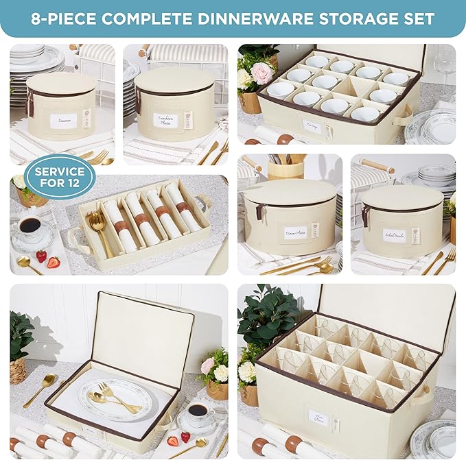 China Storage Hard Shell Containers 8-Piece Set Moving Boxes for Dinnerware, Glasses, Plates, Mugs and Saucers Sturdy Dish Organizer with Dividers for Seasonal Storage - Service for 12 - Beige