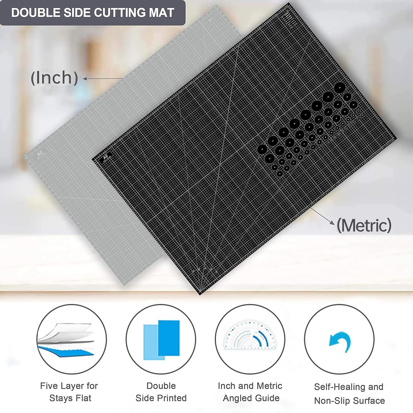 Headley Tools Thickened 36 x 48 Inch Self Healing Sewing Cutting Mat, A0 Rotary Cutting Sewing Mat for Crafts, Double Sided 5-Ply Table Cutting Board for Fabric Quilting Leather Hobby, Grey/Black