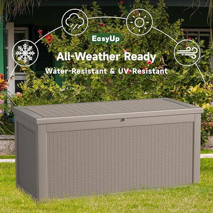EasyUp 320 Gallon Outdoor Storage Box Waterproof, UV Resistant Resin Deck Box with Hydraulic Rod, Reinforced Stability for Patio, Garden, Rattan Gray