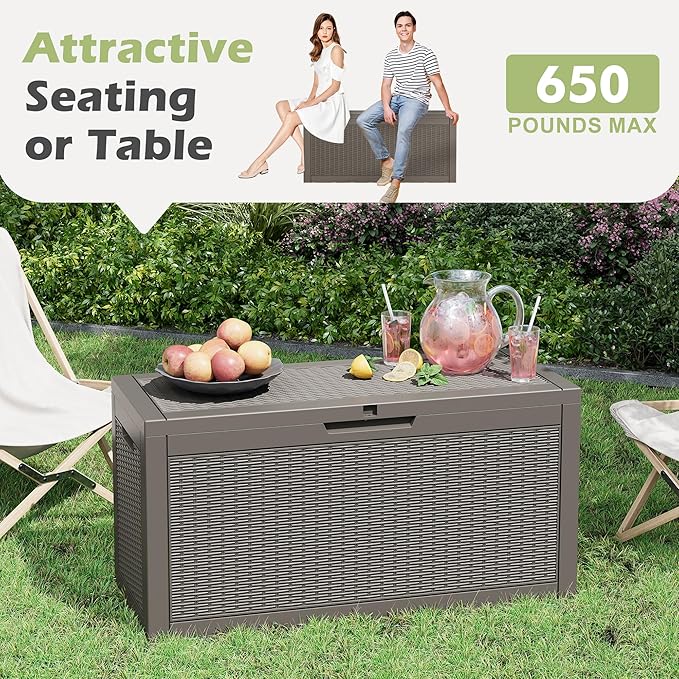 Outdoor Storage Box, 60 Gallon Outside Deck Box Waterproof, Resin Outdoor Storage Cabinet With Lockable Lid, Storage Bench for Garden Tools, Patio Cushions, Pool Tools, Package Delivery, Gray