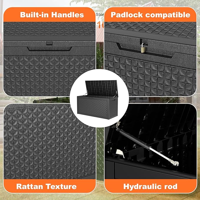 110 Gallon Resin Deck Box, Lockable Patio Outdoor Storage Box for Furniture, Garden Tools and Tools Storage, Waterproof Outside Storage Boxes - Patterned black