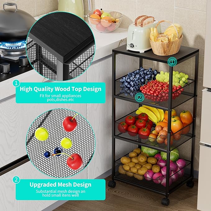 HapiRm Fruit Basket Kitchen Cart - 4-Tier Rolling Storage Cart with Wheels, Fruit Vegetable Basket with Wood Top, Pantry Utility Kitchen Organizer for Fruit Potato Onion Vegetable Bread Snack