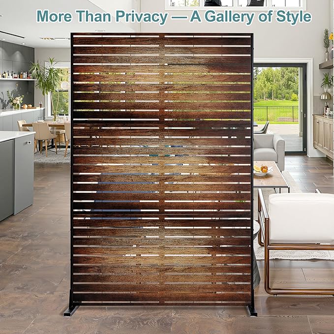 Metal Privacy Screen Outdoor Freestanding Privacy Wall Panels and Decorative Patio Dividers,Crafted from Steel with Sun-Proof Design,Ideal for Patio,Garden,72" H×47" L（Wooden&Vintage-3 Panels