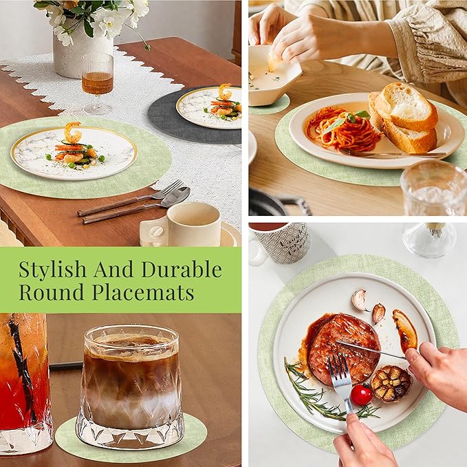 13-Inch Faux Leather Round Placemats Set of 4, Waterproof Anti-Slip Dual Sided Place mats, Heat Resistant Washable Table Mats with Coaster, Suitable for Indoor & Outdoor (4, Black Light Green)